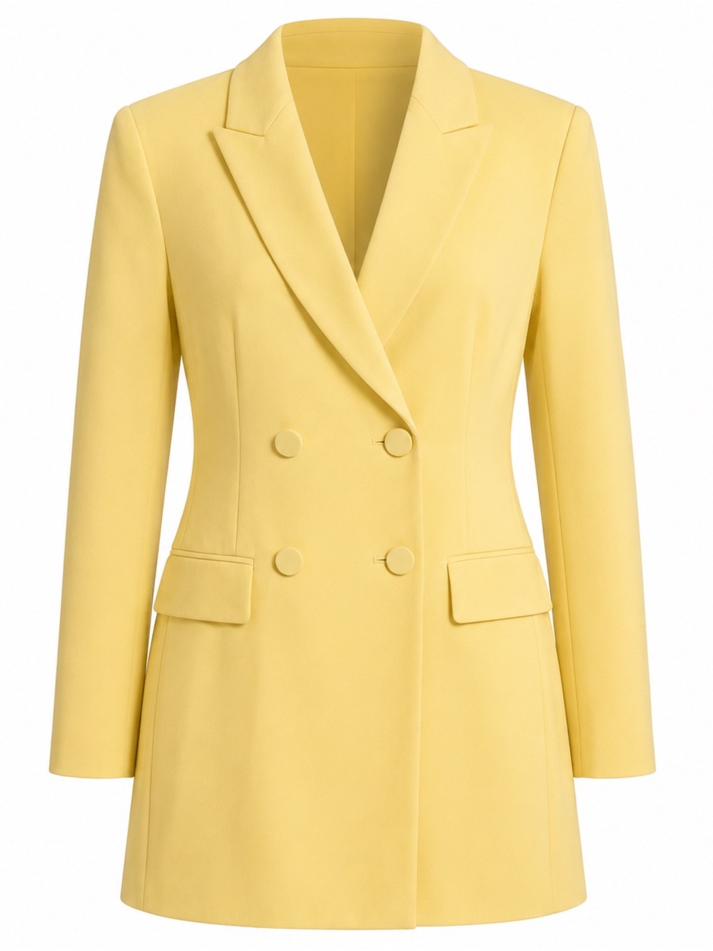 Buttery Yellow Double Breasted Long Blazer Shoulder Pads Buttons Women’s 4